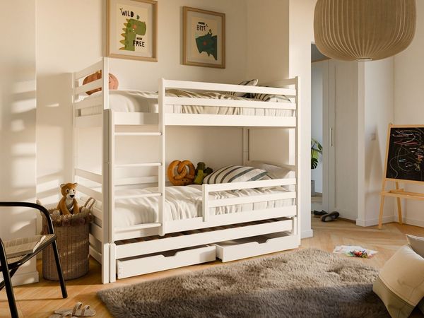 Deine Möbel 24 Etagenbett Hochbett mit Ausziehbett LEON für 3 Kinder 90x200 Weiß (Kinderbett mit Lattenrost, 2 Schubladen, Leiter und Rausfallschutz), Funktionsbett aus Massivholz / Vollholz, in 2 Betten umbaubar