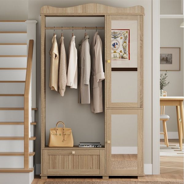 STILVORA Garderoben-Set mit Spiegel Offener Kleiderständer Garderobenschrank mit Schublade, (Kompaktgarderobe mit 2 Türen für Schlafzimmer & Flur, Dreistufiges Aufbewahrungssystem), Integrierte Ganzkörperspiegeltür