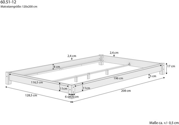 Breites, flaches Futonbett Einzelbett 120x200 Kiefer massiv V-60.51-12Rollrost inkl. Bild 3