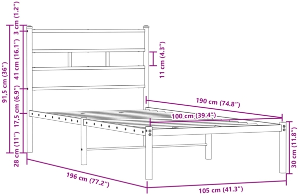 vidaXL Bettgestell ohne Matratze mit Kopfteil Braun Eiche 100x190 cm 4017145 Bild 8