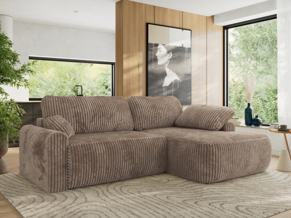 Ecksofa, L-förmiges, lose Kissen, DL-Schlaffunktion, (H 100 x T 187 x B 273 cm) - CUBO L - Cord Braun - rechte Seite