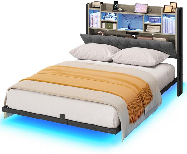 YITAHOME Bettgestell LED mit Kopfteil LED-Beleuchtung USB-Ladestation inkl Kopfteil schwebendes Design Metallrahmen Stoffbezug in grau ohne Matratze 140X200CM