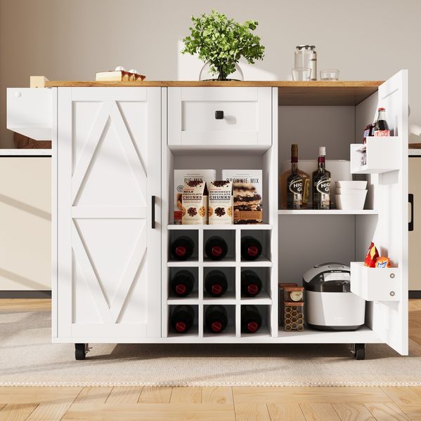 Kücheninsel mit ausklappbarer Tischplatte & Snackregal, 137,5x65x95,6 cm