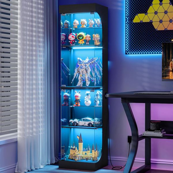 Glastvitrine, Vitrine mit Intelligente Sensorik, Vitrinenschrank mit RGB-Leuchten, mit 6 Regalen, für Büro, Wohnzimmer, Schwarz, 35 x 40 x 165 cm