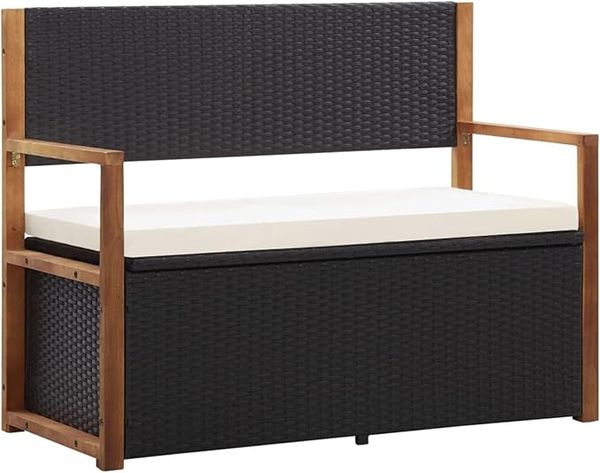 IKAYAA Gartenbank aus Kunst-Rattan und Akazienholz – Outdoor-Bank mit Stauraum und Rückenlehne für Terrasse und Balkon, 115 x 50 x 85 cm, Schwarz