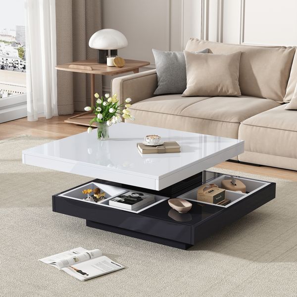 Couchtisch mit Hochglanzplatte & drehbarer Ablage, 70 x 70 x 36 cm, weiß/schwarz