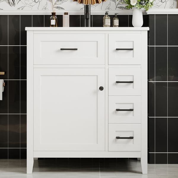 Flieks Freistehender Waschtisch 76x46x90cm, Badezimmerschrank mit Keramikwaschbecken, 5 Schubladen, Türablage, Soft-Close, weiß