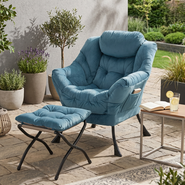 Relaxsessel 72×62×96 mit Hocker in Blau – Loungesessel mit Seitentasche, Armlehnen und Metallgestell