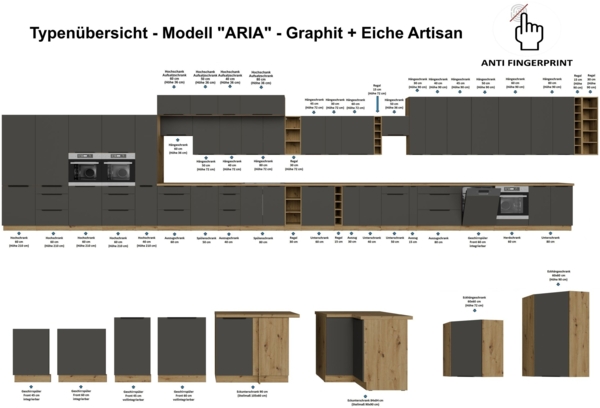 Küchen Aufsatzschrank 60 cm ARIA Graphite ultra matt + Eiche Artisan matt, hochwertige Fronten mit Anti Fingerprint Beschichtung Küchenzeile Küchenblock Bild 6