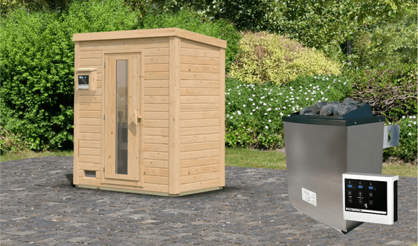 Karibu Sauna Hytti 0 naturbelassen mit 9 kW Ofen mit externer Steuerung