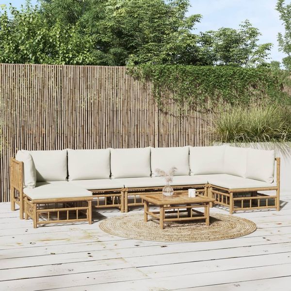 vidaXL 8-tlg. Garten-Lounge-Set mit Cremeweißen Kissen Bambus 3155206