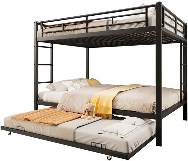 Etagenbett Liegefläche 140x200 cm aus Metall mit Ausziehbett, hohem Geländer und modernem Design in Schwarz Bild 7