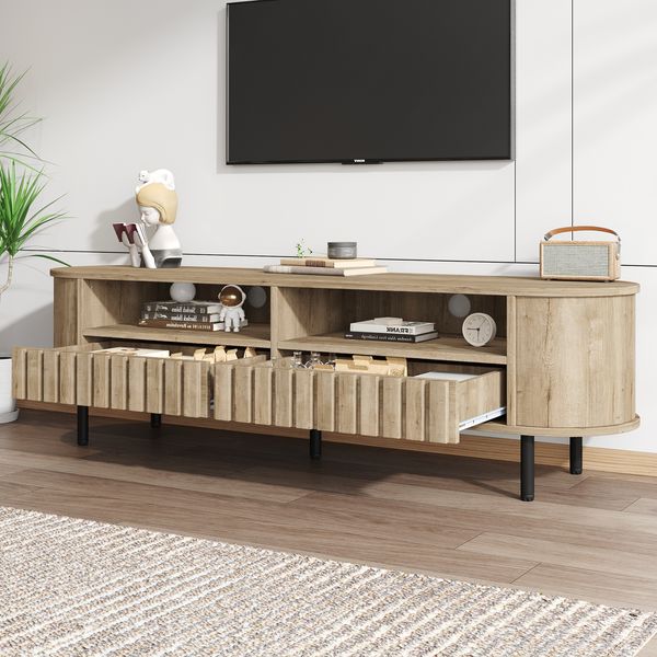 TV-Schrank,Lowboard mit 2 Schränken Wohnzimmerschrank mit 2 Schubladen Naturholzfarbe TV-Ständer MDF Fernsehtisch TV-Ständer mit 5 Stützbeinen Geeignet für 65-Zoll-Fernseher,MDF,Naturholzfarbe,160 x 40 x 48 cm