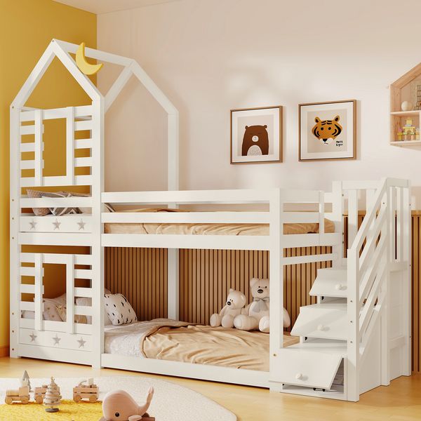Etagenbett aus Holz mit Treppe, Schubladen & Rausfallschutz, 96x257x217 cm, Weiß, ohne Matratze