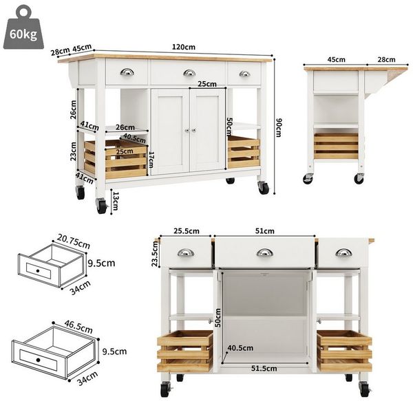 Celya Küchenwagen Moderne Kücheninsel, mit arbeitsplattem und sitzgelegenheit, (Esszimmerschrank Multifunktions-Esstisch mit Kiefernkorb, Holzmaserung Esszimmerwagen, Aufbewahrungskorb, weiß), (120×45×90cm) Küchenschrank