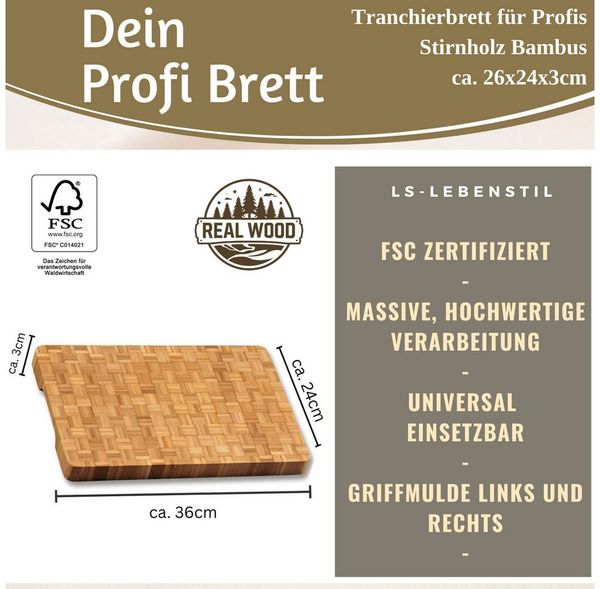 LS-LebenStil Schneidebrett XL Profi Holz Tranchierbrett Stirnholz 36cm Bambus Küchenbrett, Holz, (Nachhaltiges Tranchierbrett Holzbrett Hackklotz, 1-St, Wurstbrett Chopping Board Fleisch Steak Küche groß), Servierbrett Holzbrett Brotschneidebrett Brotz...