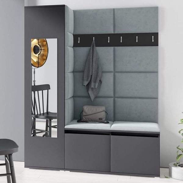 Garderoben-Set LINDA – Kleiderschrank mit Polsterplatten, Schuhschrank und Schrankaufsatz, für Flur und Eingangsbereich (Graphit, Trinity 14), 185 x 40 x 145 cm
