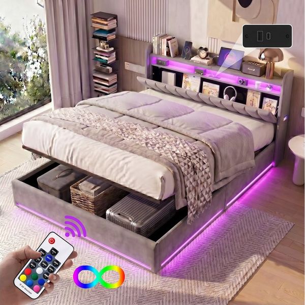 Gdood Polsterbett Stauraumbett Doppelbett LED (Type-C + USB, Hydraulisch hebbarer Stauraum), Mit Bettkasten, LED-Beleuchtung, USB-Anschluss, 160x200 cm