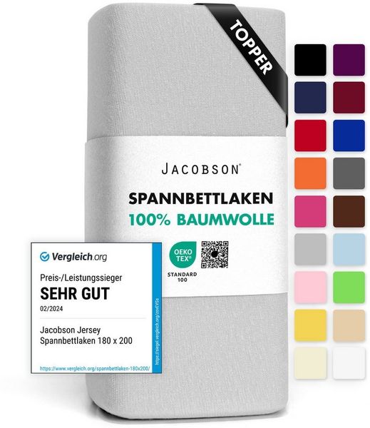 Jacobson Spannbettlaken TOPPER aus 100% Baumwolle, Jersey Bettlaken 160 g/m², Spannbetttuch mit Gummizug, pflegeleicht & viele Farben