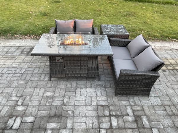 Fimous 4 Stücke Gartenmöbel Set Polyrattan Sitzgruppe Gas Feuerstelle Esstisch Sofa Set für Garten Dunkelgrau Gemischt