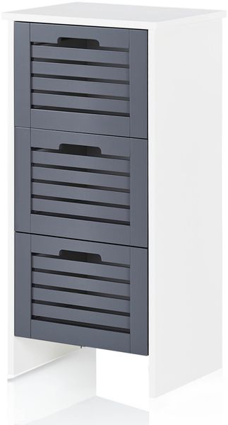 UNO Unterschrank in grau/weiß aus Holzstoff/Metall, Badezimmerschrank mit 3 Schubladen, Landhausdesign, Türen mit dekorativen Lamellen, viel Platz für Pflegeprodukte, Handtücher usw.