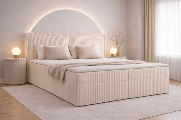 yourhouse24 Boxspringbett COSTA Cord-Stoff, mit 2 Bettkästen und Topper, Cordstoff mit dicken Streifen markantes Kopfteil mit Zierkante
