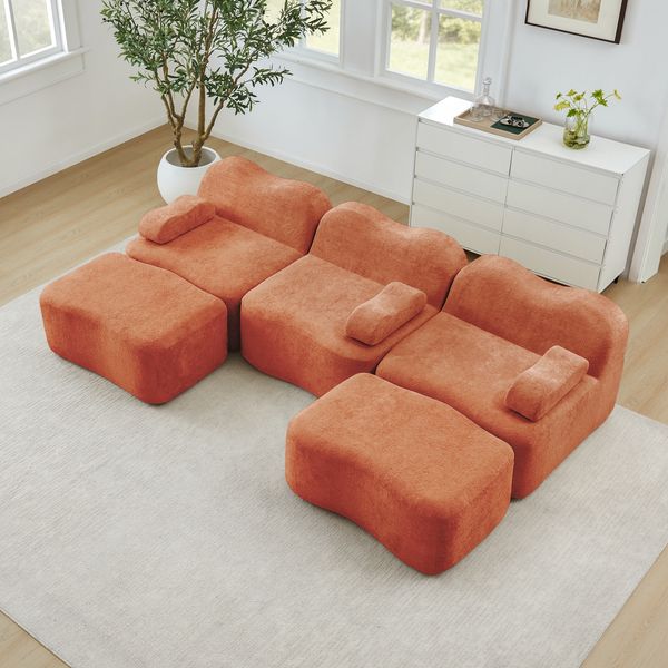 Ecksofa modular in Orange, Samtbezug, tiefe Sitzfläche, rahmenloses Design mit Hockern,70x288x167 cm