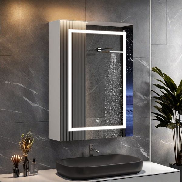 ADWOLT Badezimmerspiegelschrank Spiegelschrank mit LED-Beleuchtung (Set, 1-St, Badezimmerschrank mit Spiegel und 1 Türen) Wandschrank mit Ablage, Touchschalter, 70 x 50 x 12.5 cm, Weiß