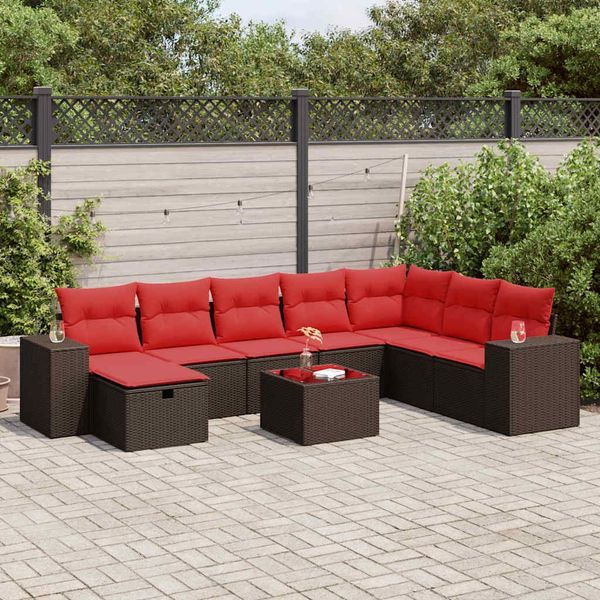 vidaXL 9-tlg. Garten-Sofagarnitur mit Kissen Braun Poly Rattan 3325750