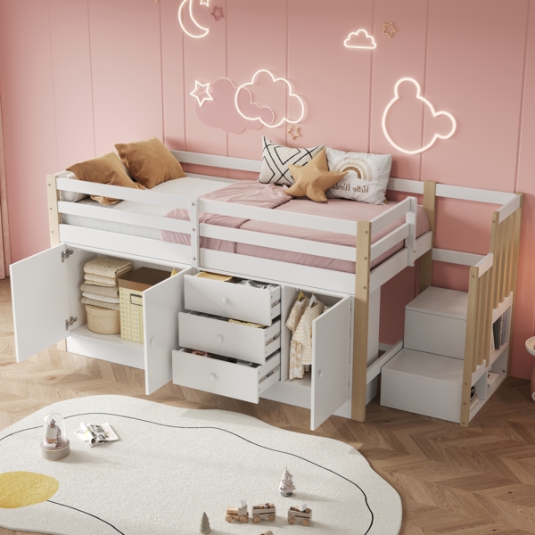 Merax 90*200cm Kinderhochbett, Kinderbett, Einzelbett, Multifunktions-Kinderbett, mit Treppe, mit Schubladen, mit 2 Stauschränken und Wäschestange, ohne Matratze, weiß