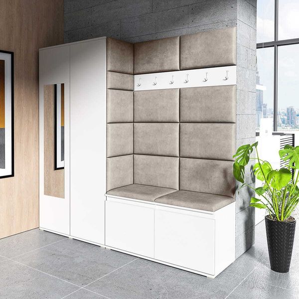 Garderoben-Set CLEO, Moderner Kleiderschrank mit Polsterplatten und Schuhschrank – Ideal für Flur und Eingangsbereich (Weiß, Trinity 03), 185 x 40 x 190 cm