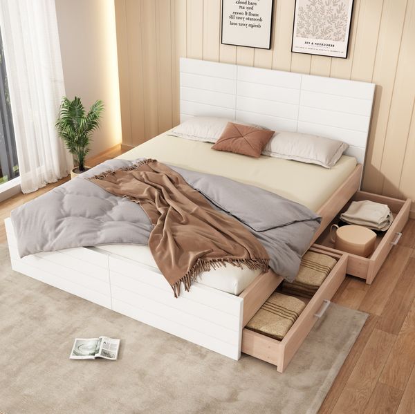 Doppelbett 160x200 cm mit Schubladen und Lattenrost, Eiche/Weiß
