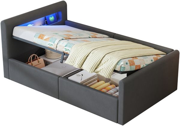 Polsterbett Kinderbett 90x200 cm mit LED-Licht, Nachtlicht, USB-Anschluss, hydraulischem Stauraum, ohne Matratze Bild 7