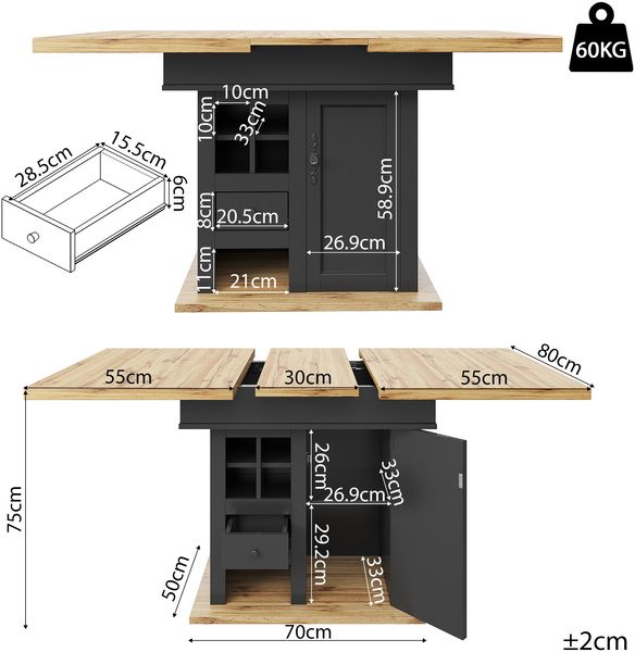 Esstisch 110-140x80x75 cm, ausziehbar beidseitig, MDF mit Metallgriffen und Stauraum Bild 5