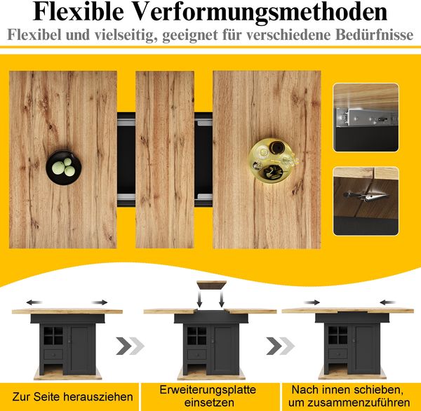 Esstisch 110-140x80x75 cm, ausziehbar beidseitig, MDF mit Metallgriffen und Stauraum Bild 8