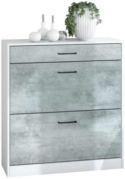 Schuhschrank Schuhkipper Elvas 89 x 95,5 x 27 cm, Korpus in Weiß Matt, Front in Beton Oxid Optik