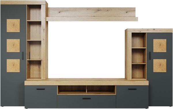 Wohnwand Tyler in grau und Eiche Evoke 330 cm