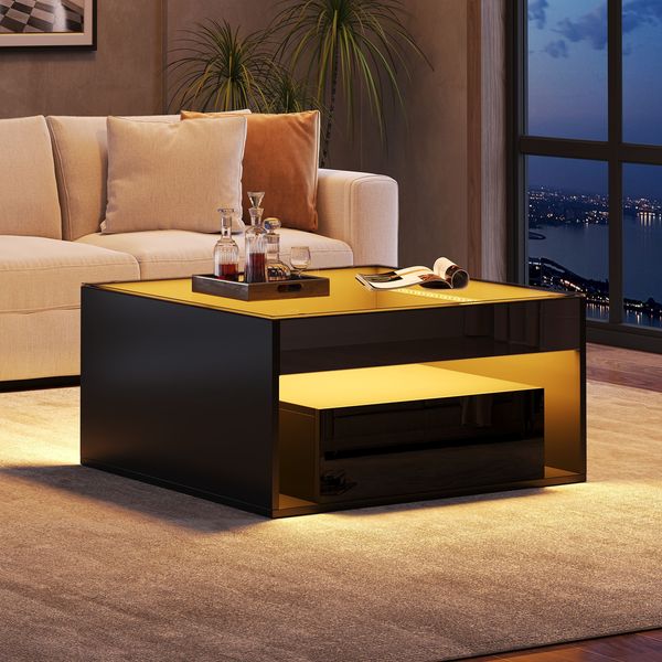 Couchtisch 70 x 70 x 35 cm, schwarz, mit 2 Schubladen, gehärteter Glasplatte und LED-Lichtleiste