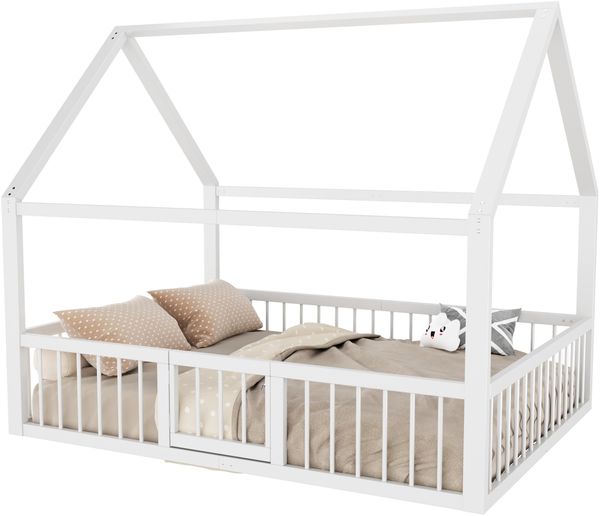 Hausbett mit Lattenrost, Zaun, Tür und Rausfallschutz, 140x200 cm, Metallbett, Kinderbett, Doppelbett, Jugendbett