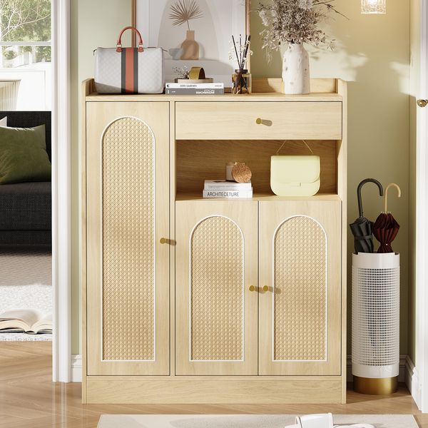 Merax Rattan Schuhschrank / Aufbewahrungsschrank mit Stauraum, 1 Schublade, 3 Türen mit verstellbaren Regalen, für Eingangsbereich, Esszimmer und Flur, Naturfarbe