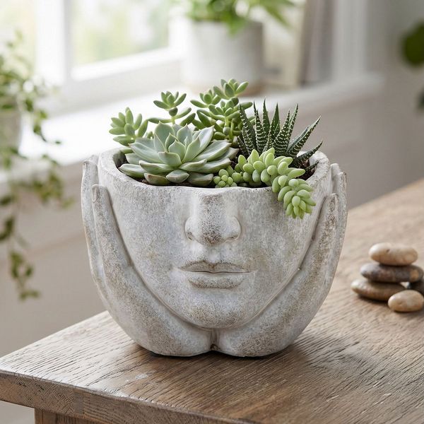 Levandeo® Blumentopf Blumentopf Gesicht Pflanztopf Beton Grau 12x16 cm Vintage Dekotopf Kopf