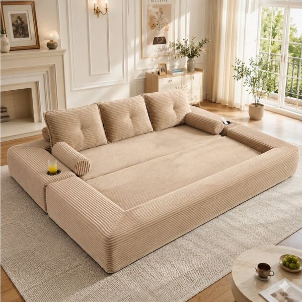HAUSS SPOLE Schlafsofa 3-Sitzer Klappsofa aus Cord,Loungesofa mit Getränkehalter & Taschen, Cord-Multifunktionssofa mit hochdichtem Schaumstoff und Reißverschluss, Dreisitzer ausklappbare Schlafcouch-Funktion