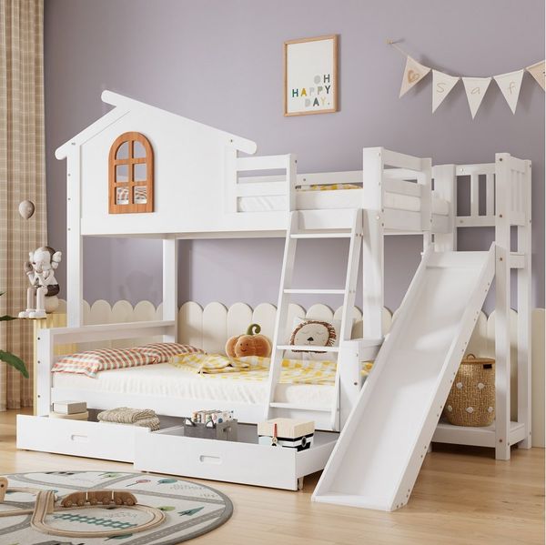 Merax Etagenbett, mit Schubladen, Kinderbett mit Rutsche und Leiter, 90x200/120x200cm