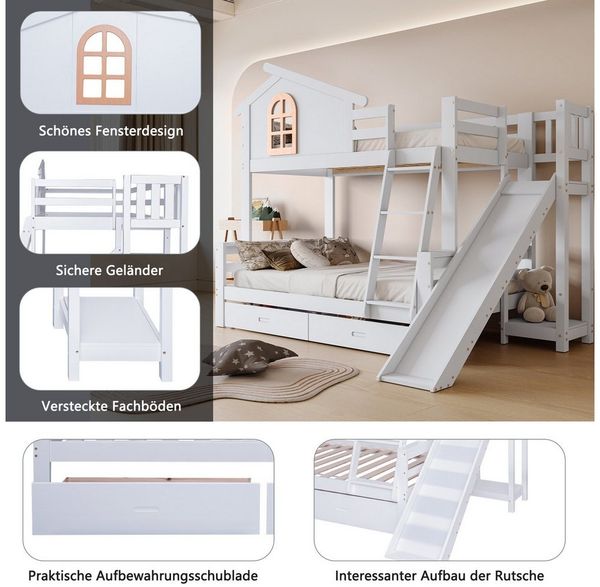 Merax Etagenbett, mit Schubladen, Kinderbett mit Rutsche und Leiter, 90x200/120x200cm Bild 3