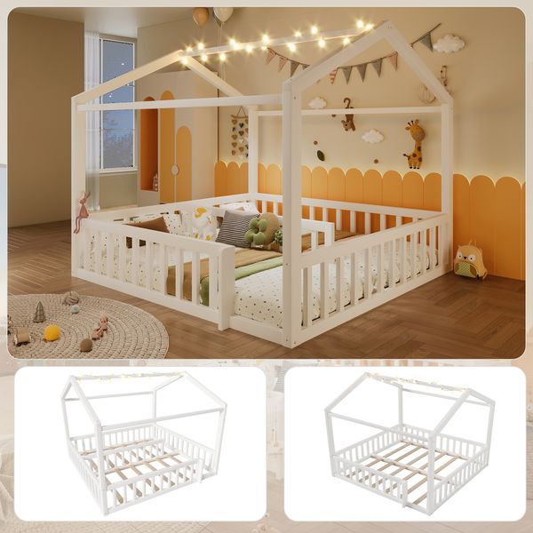 Flachbett, 90x190cm*2/180x190cm, Kinderbett mit Gitter, Mit LED-Perlen, Hausleiste, Kiefernholz,ohne Matratze, Minimalistischer Stil, LED-Perlen, Weiß