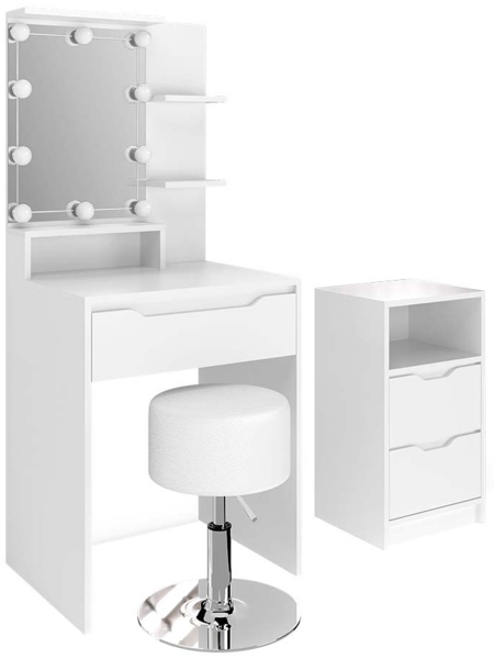 Schminktisch Ruben Weiß mit Schubladenschrank, LED Beleuchtung und Hocker Vicco