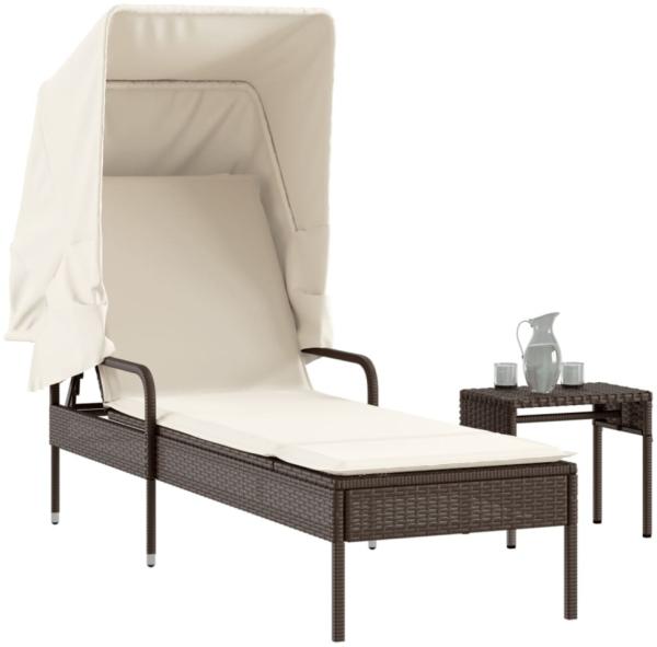 vidaXL Sonnenliege mit Dach und Tisch Braun Poly Rattan 368198