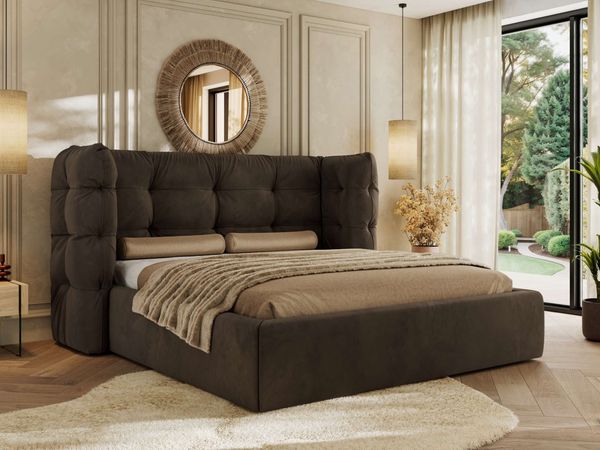 Polsterbett FLONELLE CLASSIC 180 x 200 cm mit Stauraum, Federholzlattenrost, Massivholzrahmen, gestepptes Kopfteil Gasdruckfeder Schlafzimmerbett - Braun Samt