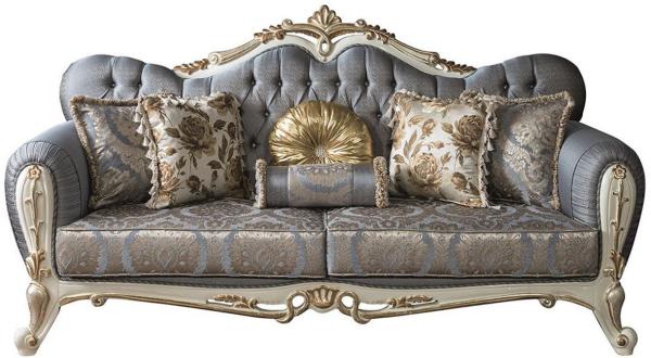 Casa Padrino Luxus Barock Wohnzimmer Sofa mit Glitzersteinen und dekorativen Kissen Blau / Weiß / Gold 220 x 85 x H. 110 cm - Edle Wohnzimmer Möbel im Barockstil