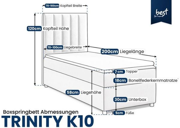 Best for Home Boxspringbett mit Bettkasten Trinity K-10 SINGLE Bonellfederkern inkl. 7 cm Topper (Einzelbett, Polsterbett gepolstertes Kopfteil, Jugendbett, Kinderbett versch. Größen, 70x200 80x200 90x200 100x200 cm), mit oder ohne Topper, Flexible Lie... Bild 2